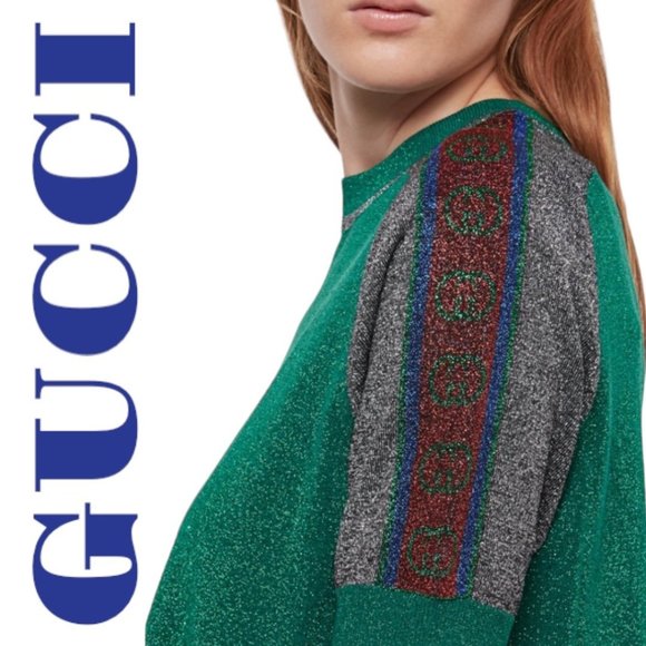 NWT GUCCI Metallic Green Short Sleeve Crew Neck Mini T-Shirt Dress, Size Small - Picture 3 of 13